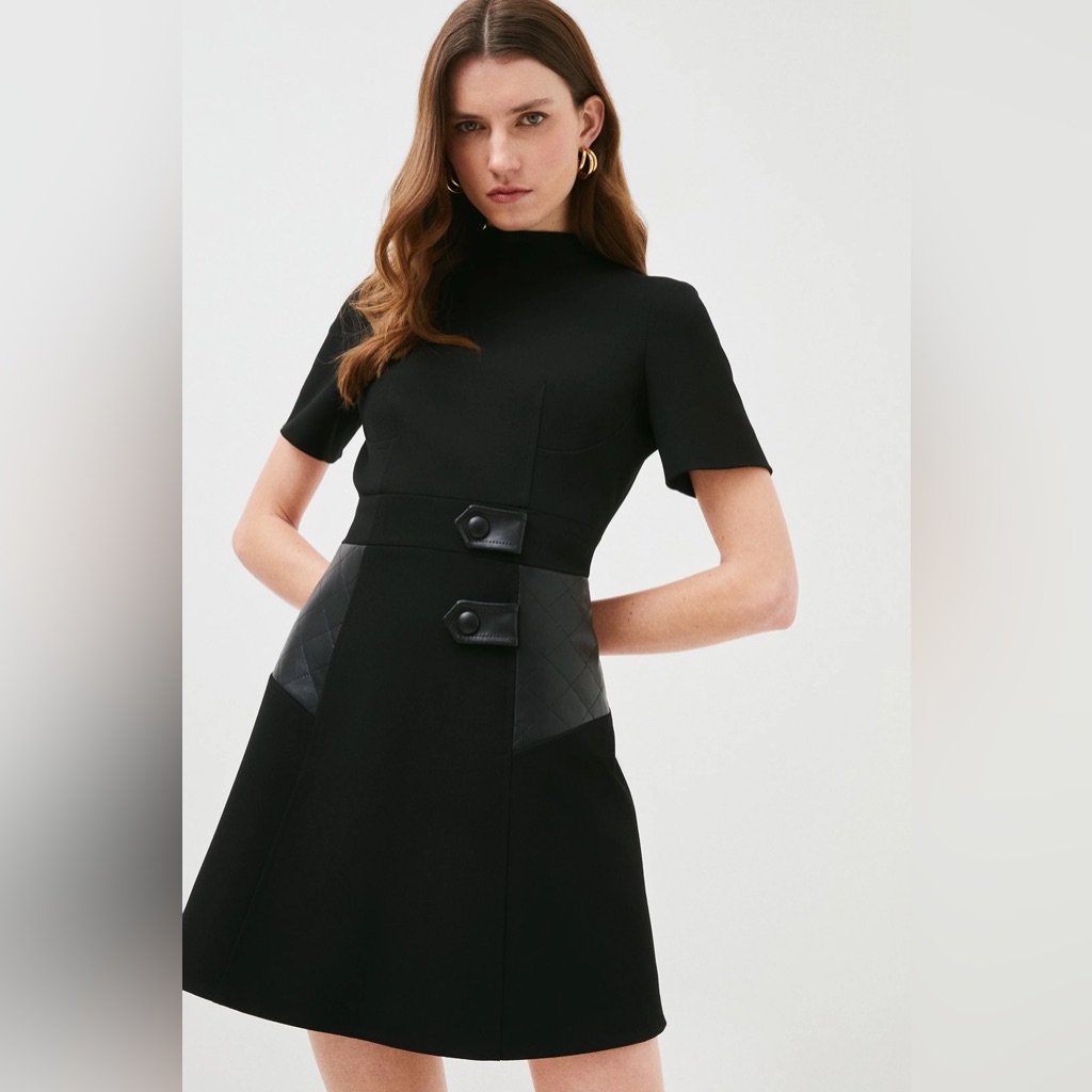 Karen Millen Structured Crepe Pu Contrast A Line Dress In Cream